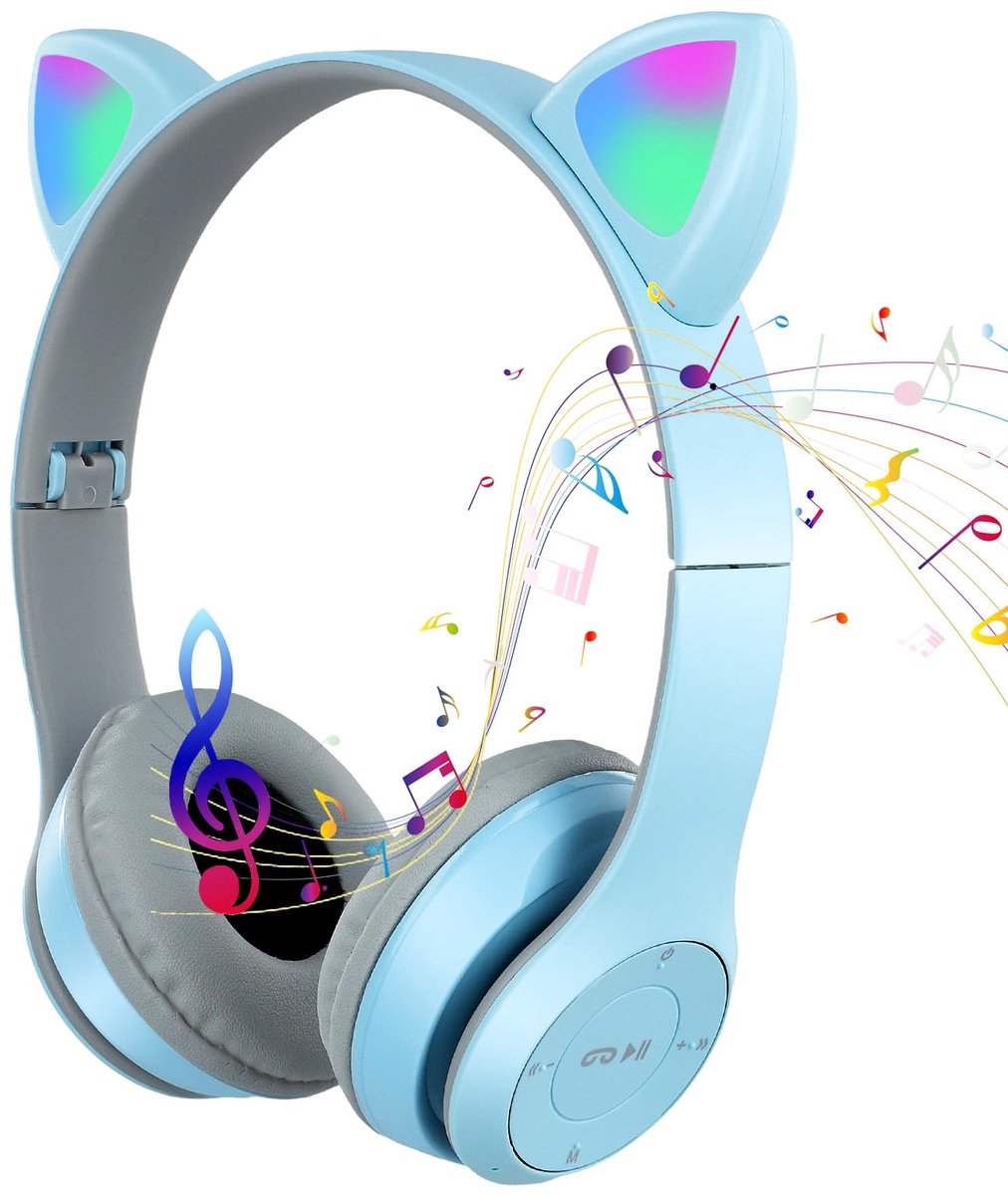 SnelShoppen - Draadloze Bluetooth Hoofdtelefoon voor Kinderen met Kattenoren, Opvouwbaar, LED Verlichting, FM Radio, SD Kaart, Oproepen Beantwoorden,