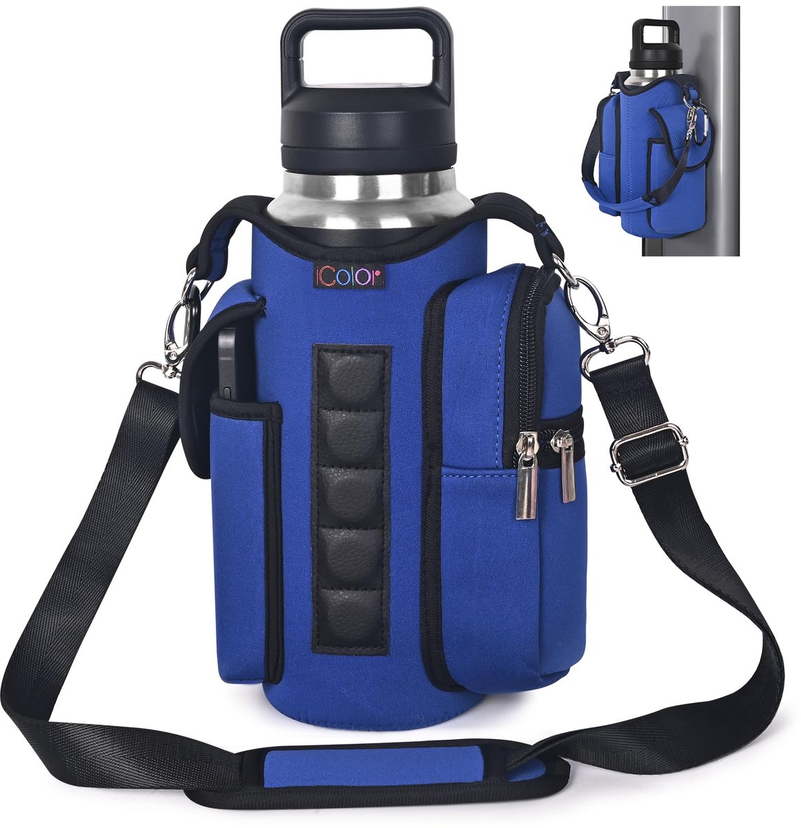 Thijox - Magnetische Waterfles Tas met Vakken voor Mobiele Telefoon - Neopreen Flessenhouder voor Sport, Fitnessstudio, Wandelen en Buitensport - Blau
