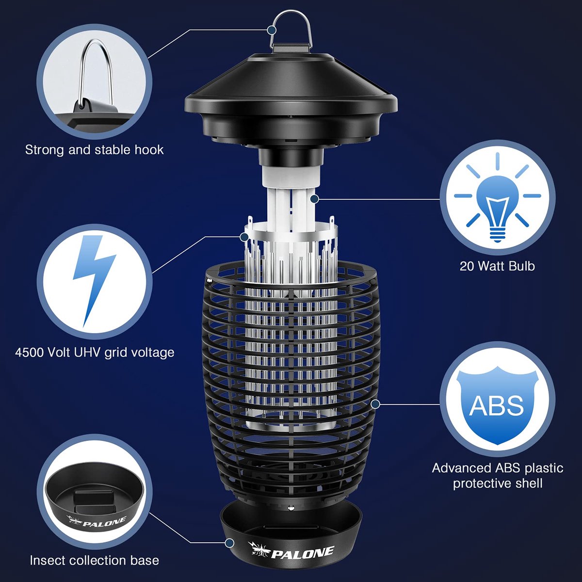 SnelShoppen - PALONE Anti-muggenlamp 4500 V, 20 W, UV Insectendoder voor Binnen en Buiten, Effectieve Muggenbestrijding tot 100 m², Ideaal voor Tuin,