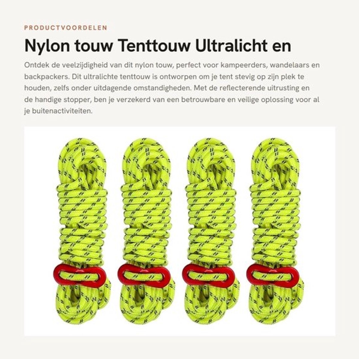 Tenttouw Ultralicht - Reflecterend - Nylon - 4 Stuks - 4 mm - 4 m - Regelaar van Aluminiumlegering - Kampeertouw