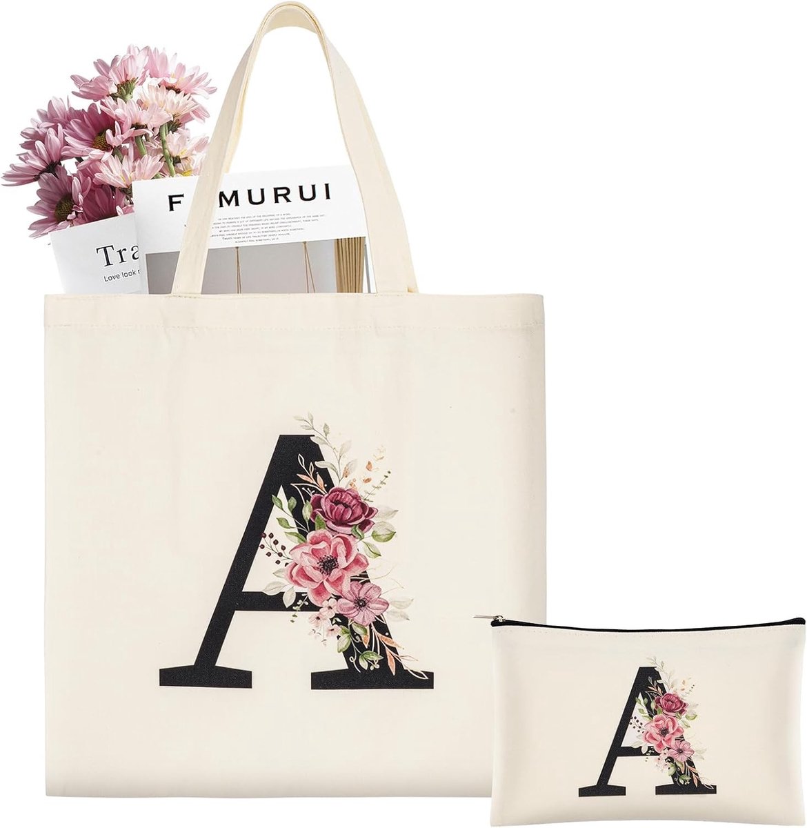 Persoonlijke canvas tas voor vrouwen, boodschappentas met initialen, make-up tas voor verjaardag, bruiloft of moederdag