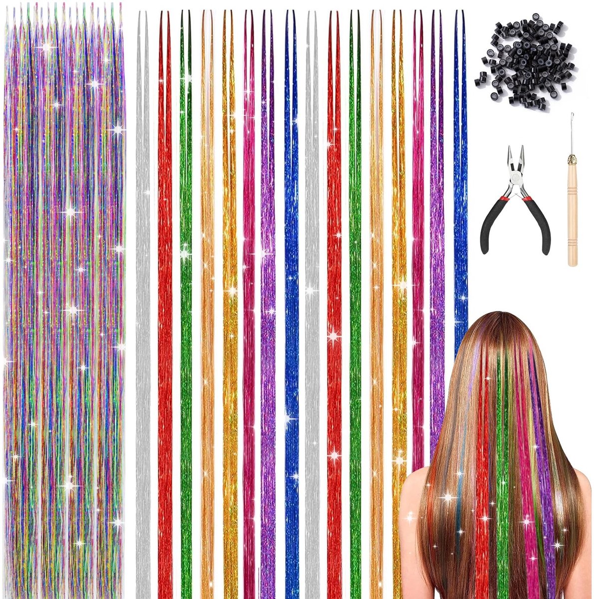 SolidKeus - 52 Stuks Glitter Lametta Haar Strengen Set