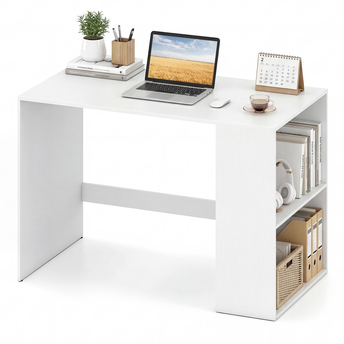 COSTWAY Bureau, computertafel met 2 open zijplanken, bureautafel met groot werkblad, pc-tafel voor thuiskantoor en werkkamer, 112 x 60 x 75 cm (wit)