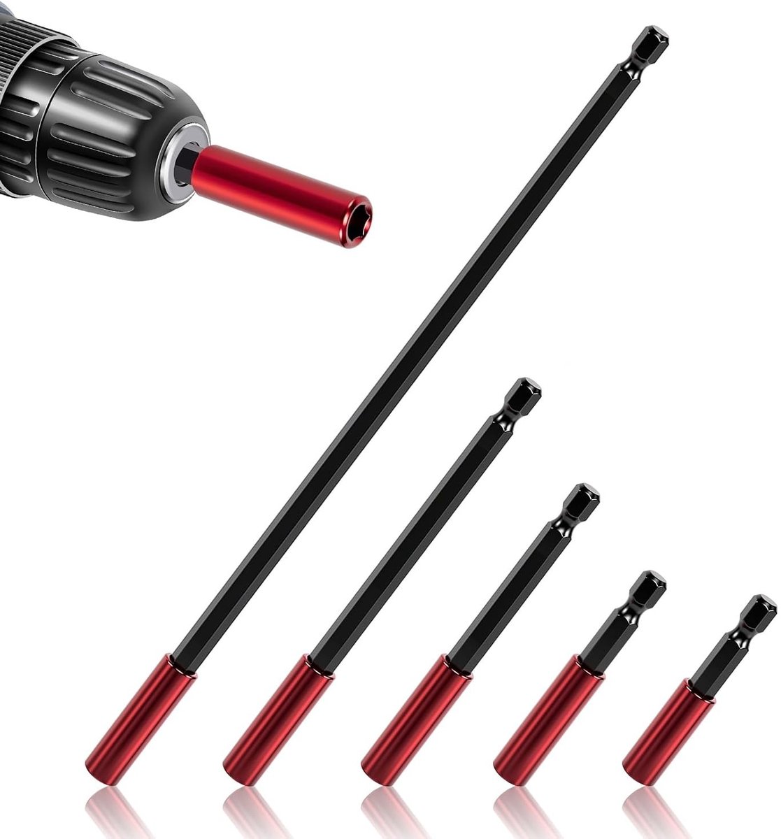 Set van 5 Stuks Magnetische Bit Extensions voor Impact Schroevendraaiers - 1/4 Inch Hex Shank, Lengtes van 50 tot 300 mm, Geschikt voor Diverse Klussen