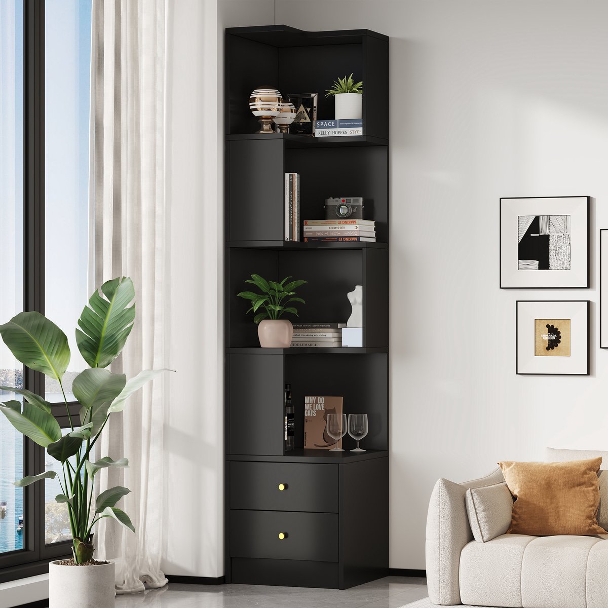 VVBV Hoekkast 45x43.5x180 cm - Hoekmodel, Opbergruimte, LED-Verlichting, Met Lades - Zwart, MDF