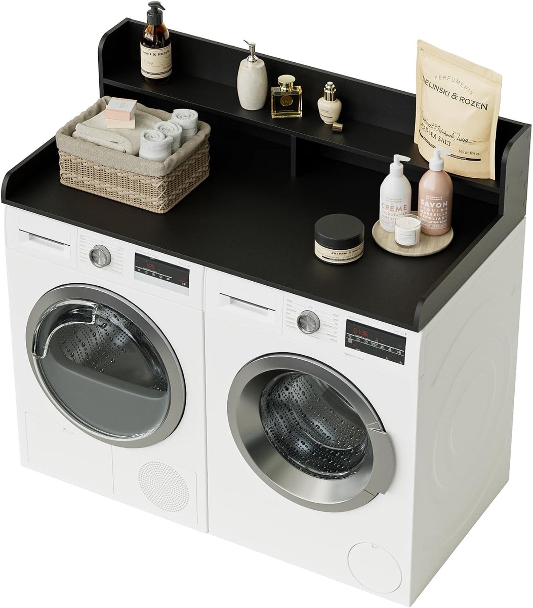 2-traps wasmachine-droog-werkblad, organisatie en opslag voor bijkeuken, houten wasruimte, werkblad voor wasmachine en droger, zwart