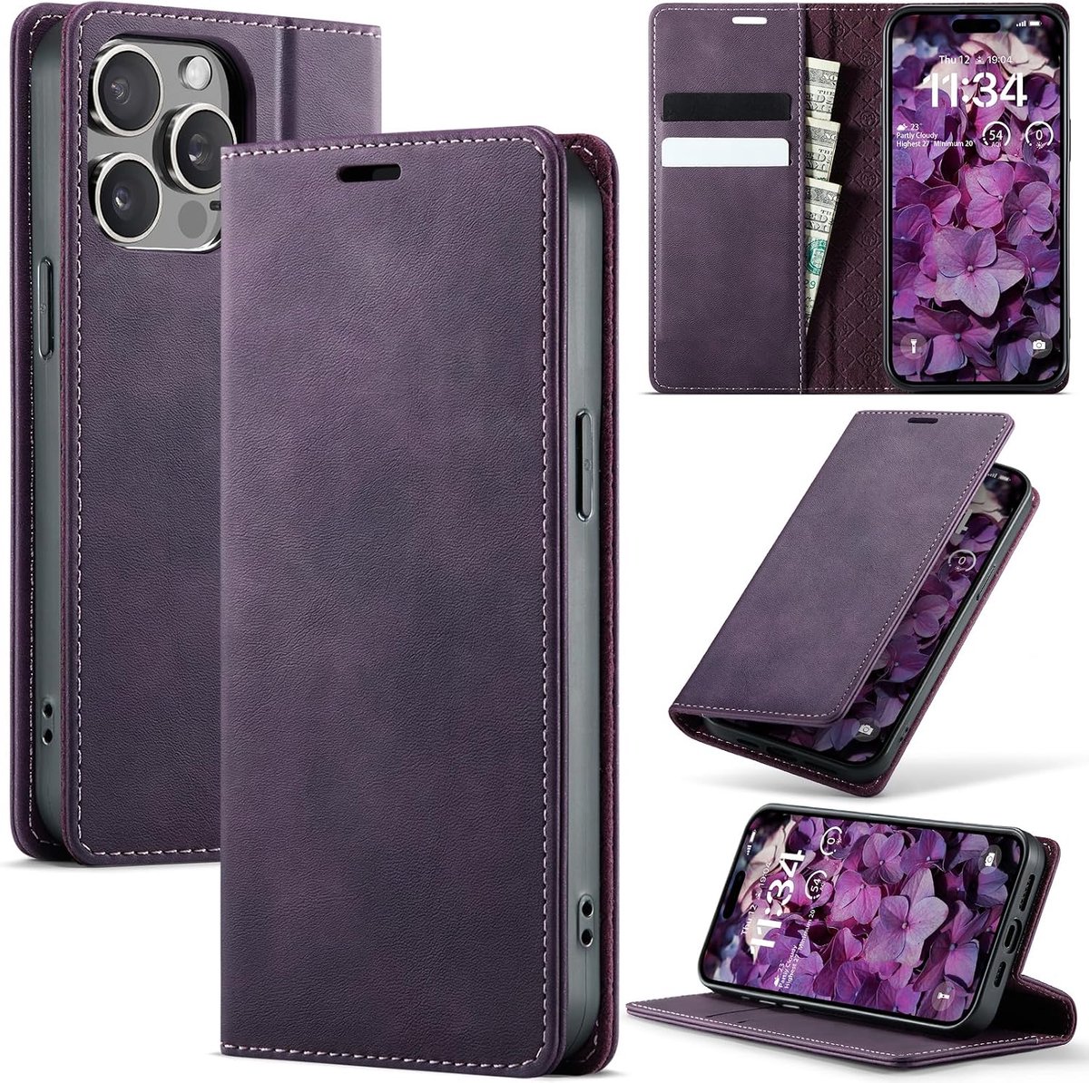 Hoesje voor iPhone 14 ProMax 5G, magnetische Flip case, opvouwbaar standfunctie Cover beschermhoes met kaartsleuf en portemonnee, leren hoes voor iPhone 14 ProMax, Paars