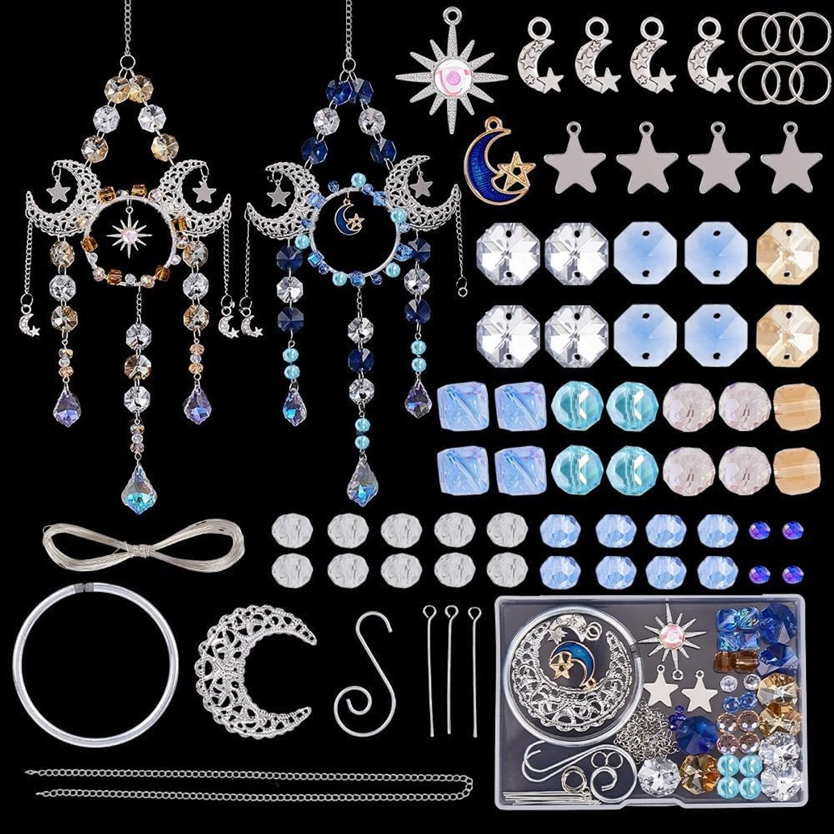 1 Doos DIY 2 Sets Suncatcher Maken Kits Kristal Zon Catchers Vintage Blauw Oranje Facet Glas Kralen Zon Maan Ster Opknoping Suncatcher Regenboog Maker voor Windows Thuis Outdoor Tuin Decors