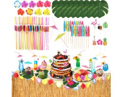 65 stuks Hawaii-feestdecoratieset, tropische feestdecoratie met Hawaii Luau tafelrokken, palmbladeren, bloemen, cupcake-topper, rietjes voor barbecue, tuin, zomer, strand, Tiki, feestdecoratie