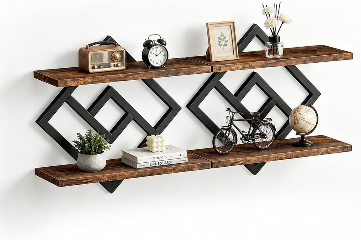 Set van 2 wandplanken, houten wandrek, zwevend rek, dubbellaags, gemakkelijk op te bergen voor woonkamer, slaapkamer, keuken
