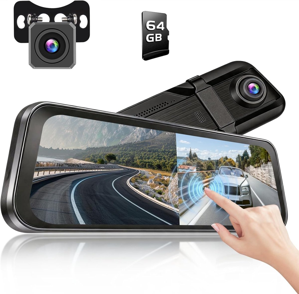 9,7 inch spiegel dashcam met achteruitrijcamera, autocamera met IPS-touchscreen, dual dashcam spiegel, loop-opname en G-sensor, groothoek, nachtzicht, streaming-achteruitkijkspiegel met 64 GB kaart