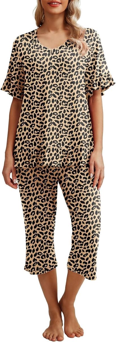 Pyjama voor dames, V-hals, korte mouwen, bovendeel en 3/4 lange broek