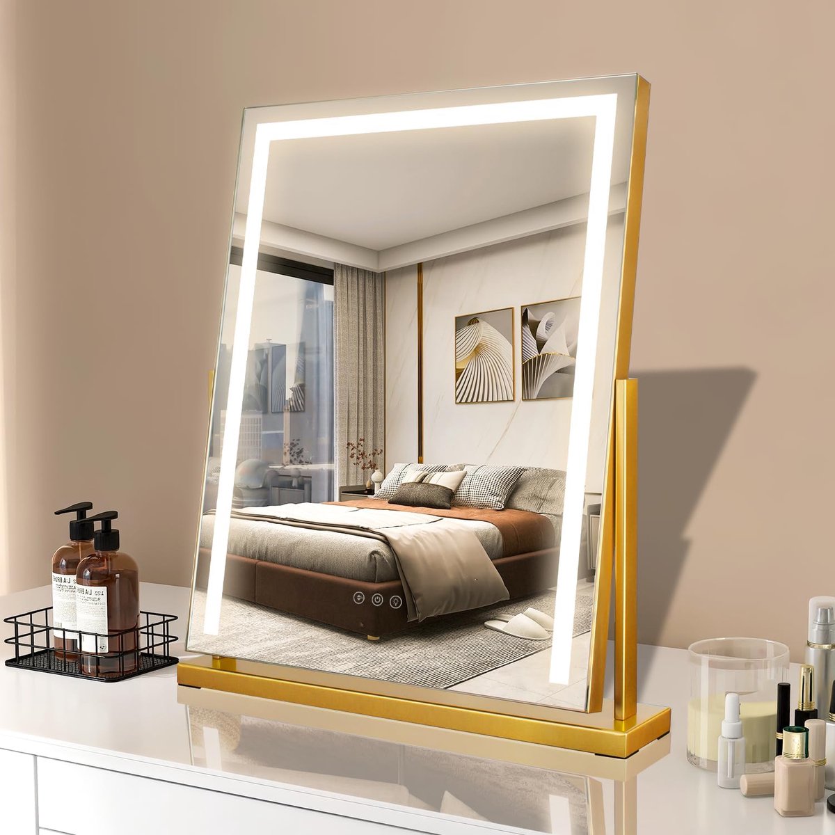Mirror 52 x 58 cm with light 3 color temperature adjustable 360° rotation 14W touch control plug-in makeup mirror for home gold