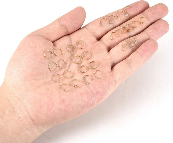30 Stks 36 Stks 20G Neusringen Set Zilver Goud CZ Bone Schroef L Vormige Neus Studs Pin Tragus Kraakbeen Neus Ring Hoepel Roestvrij Staal Neus Piercing Sieraden voor Vrouwen Mannen, Metaal — afbeelding 3