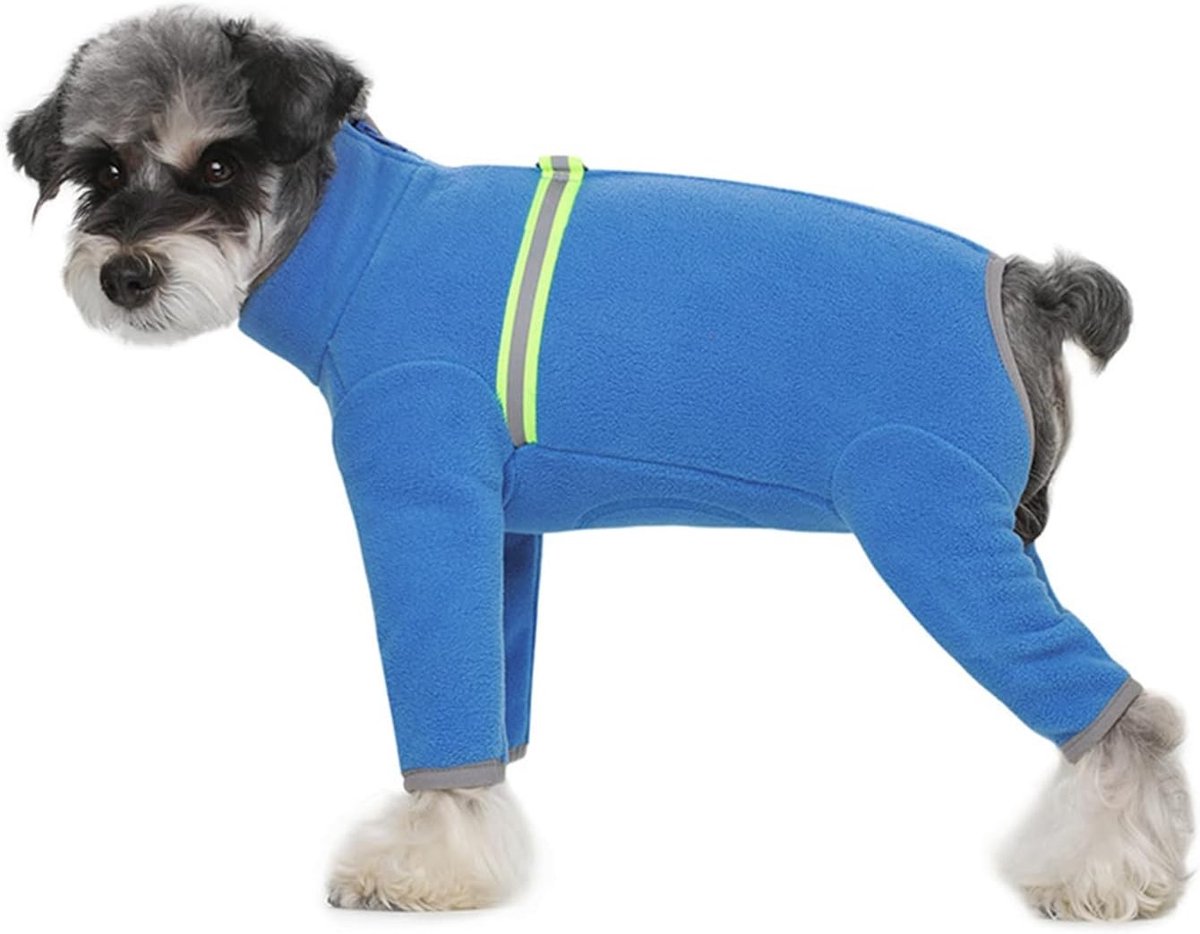 Warme winterkleding voor kleine honden, zachte fleecejas met reflecterende rits, hondenonesie en pyjama voor puppy's (Blauw, XL)