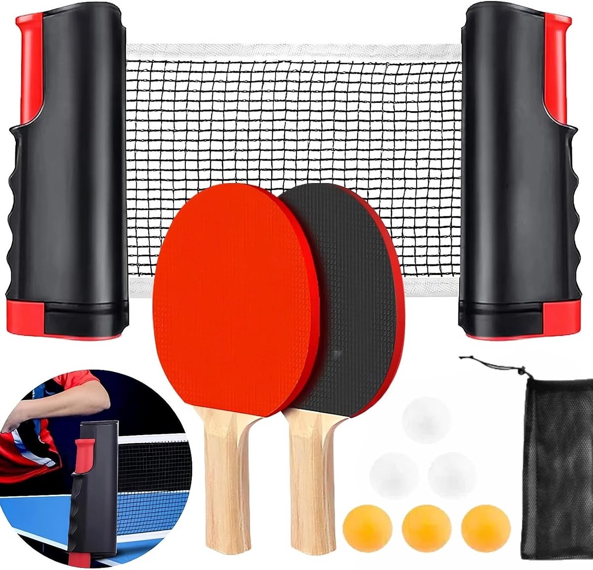 Complete Set voor Tafeltennis met Inklapbaar Net, 2 Bats, 6 Ballen en Draagtas voor Binnen en Buiten Spelletjes