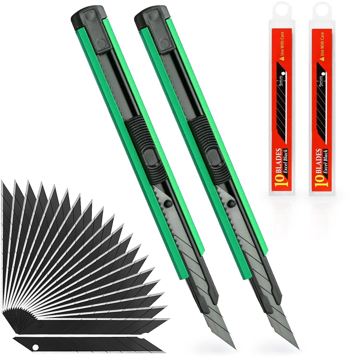SolidKeus - 2 Stuks 9 mm Cutter met 20 Vervangbladen, Groen