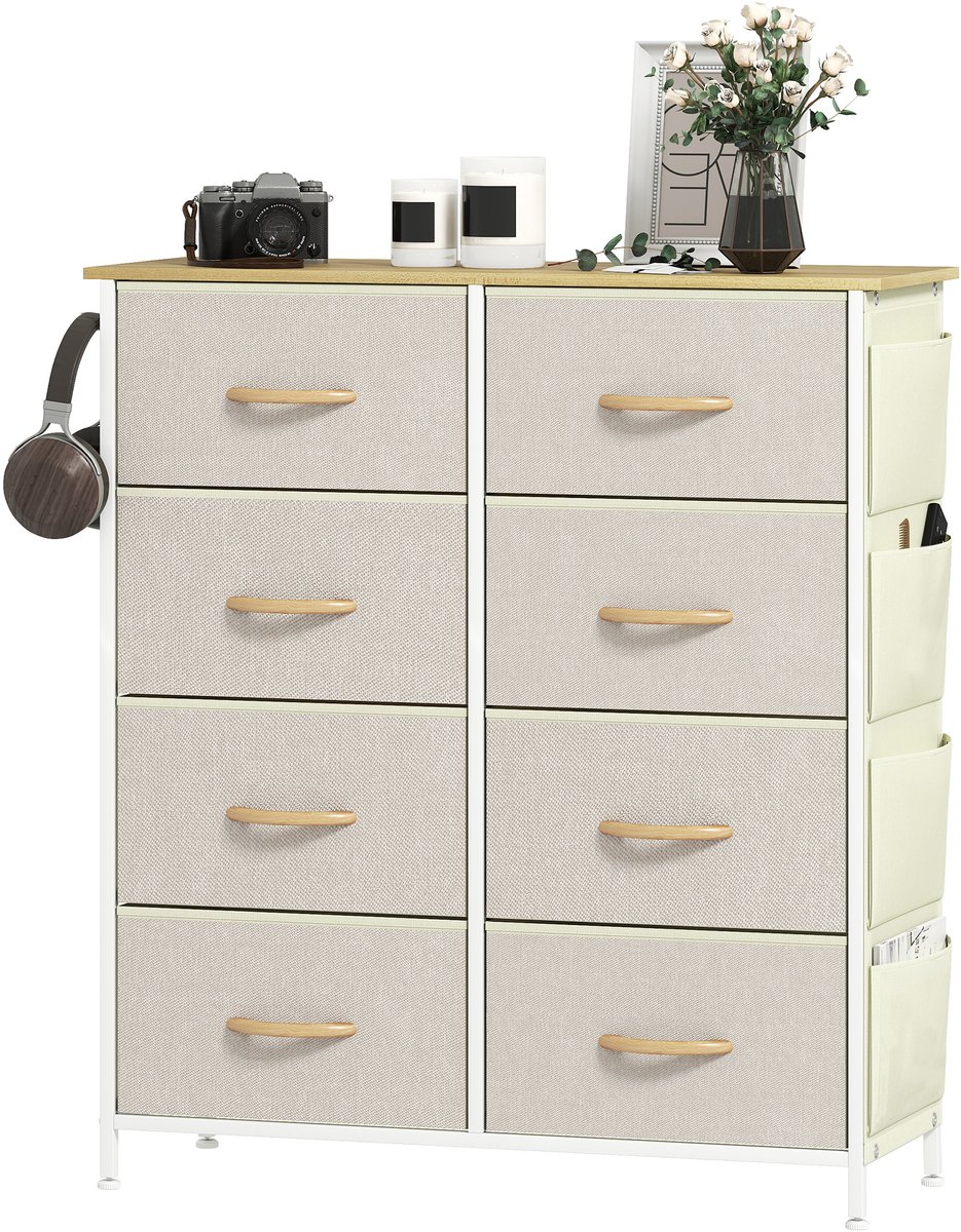 Slaapkamercommode met 8 stoffen lades-stalen poten-houten blad-4 opbergvakken-2 haken-beige