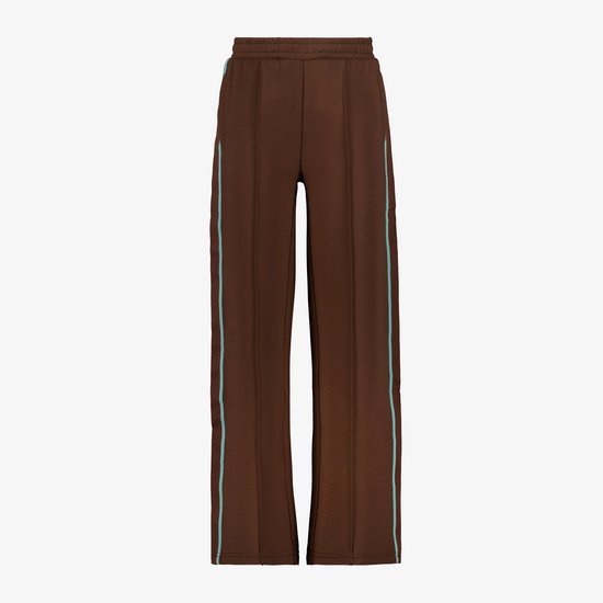 Bruine wide leg pantalon met lichtblauwe bies en stiksels aan de voorkant, elastische tailleband.