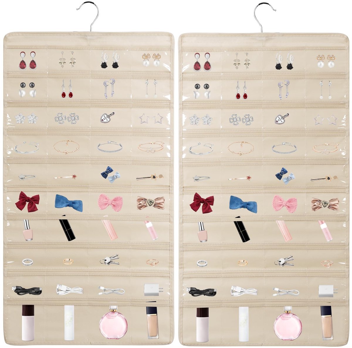 SolidKeus - Hangende Sieraden Organizer met 80 Transparante Pockets voor Oorbellen en Kettingen (Beige)
