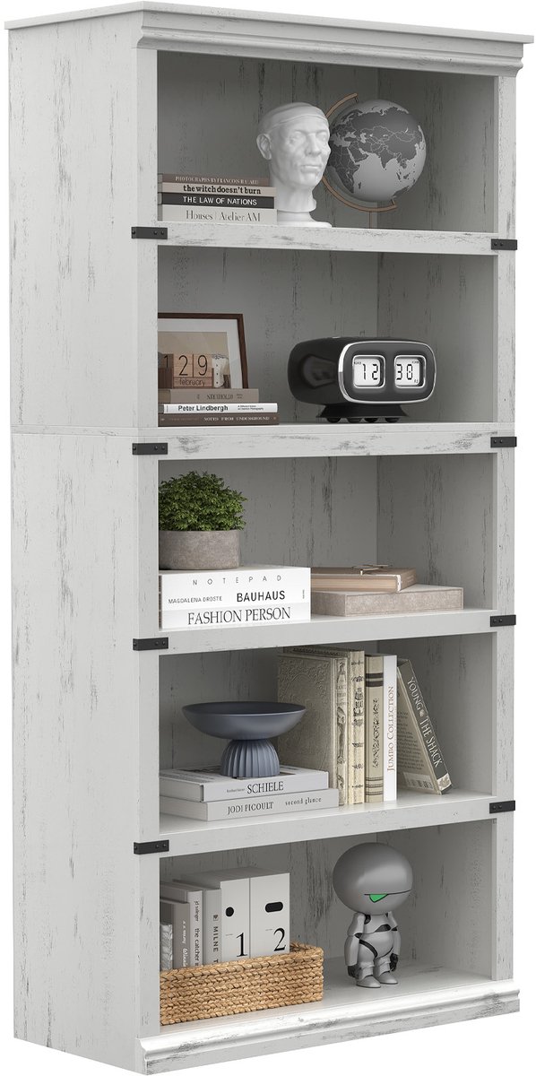 Boekenkast 5 Lagen - 80x31x171cm - Boekenkast Vintage Hoog - Opbergkast Open Vakken - Displaykast Vrijstaand - Voor Woonkamer En Kantoor - Wit