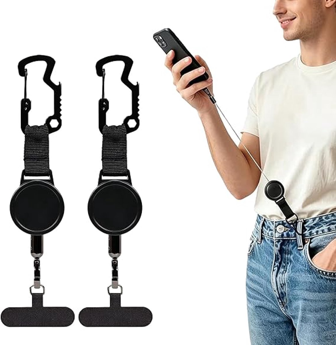 Smartphone Veiligheidskoord - 2 stuks - Telefoonkoorden - Uittrekbaar - Telefoon Lanyard Anti-Diefstal - Snijvast Stalen Veiligheidskabel - Telefoonriem met Karabijnhaak - Intrekbare Broekclip Karabijnhaak Sleutelkoord - Telefoonaccessoires - Stijl 2
