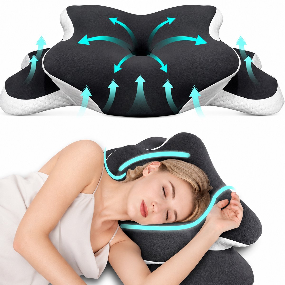 DPLUNIQ Kussen - Hoofdkussen - Nekkussen - Ergonomisch kussen - 60x40x12cm - C-vorm - Polyester - Pijn verlichtend - Zwart/Wit