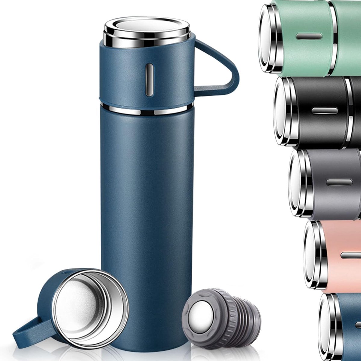 Wishdor RVS Thermosfles Set 500 ml - Inclusief 3 Drinkbekers - Dubbelwandige Isolatie (12u Warm/Koud) - 100% Lekvrij - Blauw - Cadeau Set