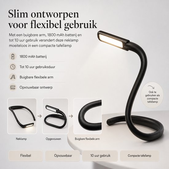 Neklamp - Nekleeslamp - Leeslamp voor in Bed - Oplaadbaar - 3 Lichtkleuren - Traploos Dimbaar - 250° Draaibare Lampkop - 1800mAh - Handsfree Leeslamp voor Lezen, Haken en Breien - Zwart — afbeelding 5