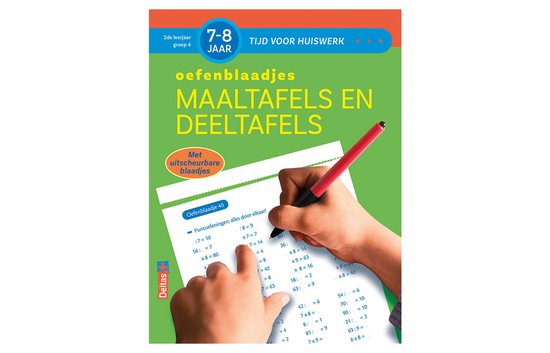 Couverture de 'Cahiers d'exercices Tables de multiplication et de division'. Une main écrit avec un stylo rouge sur une feuille d'exercices.