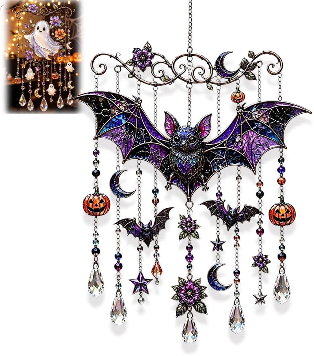 Casalora® Halloween Kristallen Windspel - Gotische Glinsterende Acryl Hangende Decoratie - Buitendecoratie voor Tuin, Veranda, Balkon en Raam (Reusachtige Vleermuis) - Spookachtig Schattig Herfst Cadeau