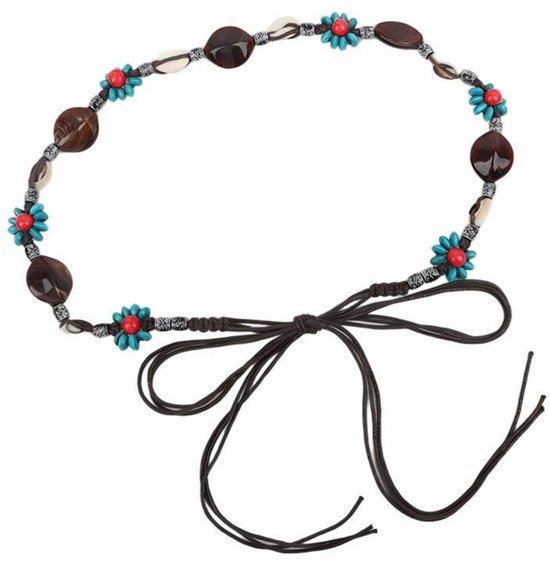 Bruine hoofdband met strik, donkerbruine kralen, schelpen en turquoise bloemkralen.
