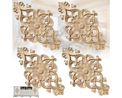 4 Pieces Retro Wood Carving Decal - Unpainted Wood Corner Decal - Rubber Wood Carved - Carved Wooden Corner Onlay - Wood Carved Furniture Appliques - Voor Ornament Wall Cabinet en Meubeldecoratie