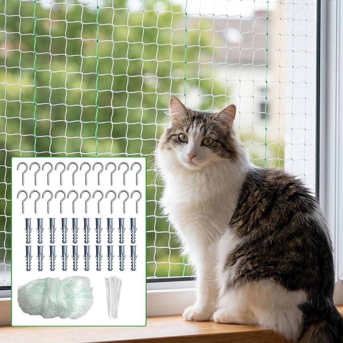 Kattennet voor Balkon 10 x 3 m, Versterkt Nylon Bescherming voor Katten, Transparant en Scheurvast met Bevestigingshaken voor Vensters en Terrassen