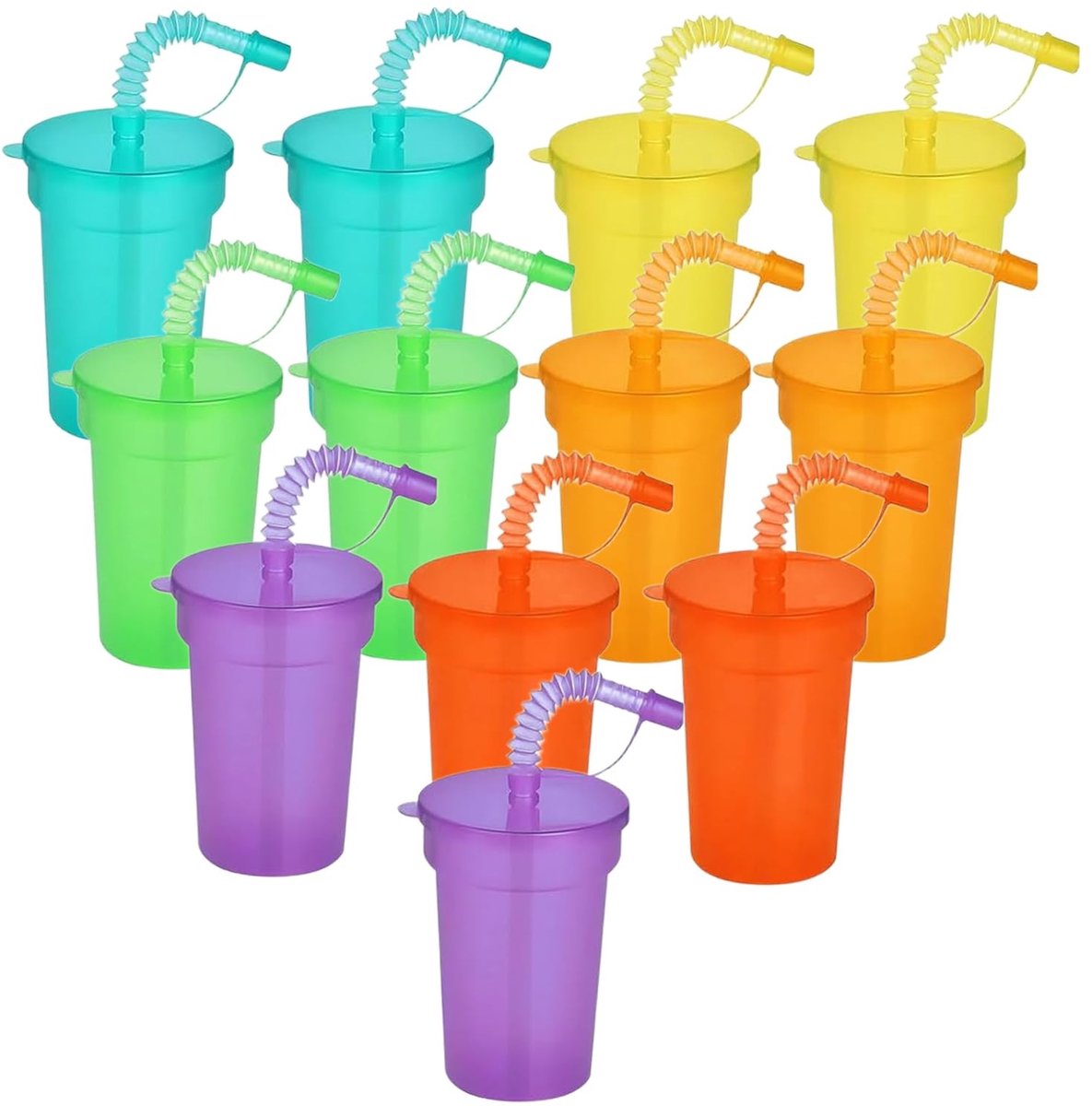 SolidKeus - Set van 12 Herbruikbare Plastic Drinkbekers met Deksel en Rietjes