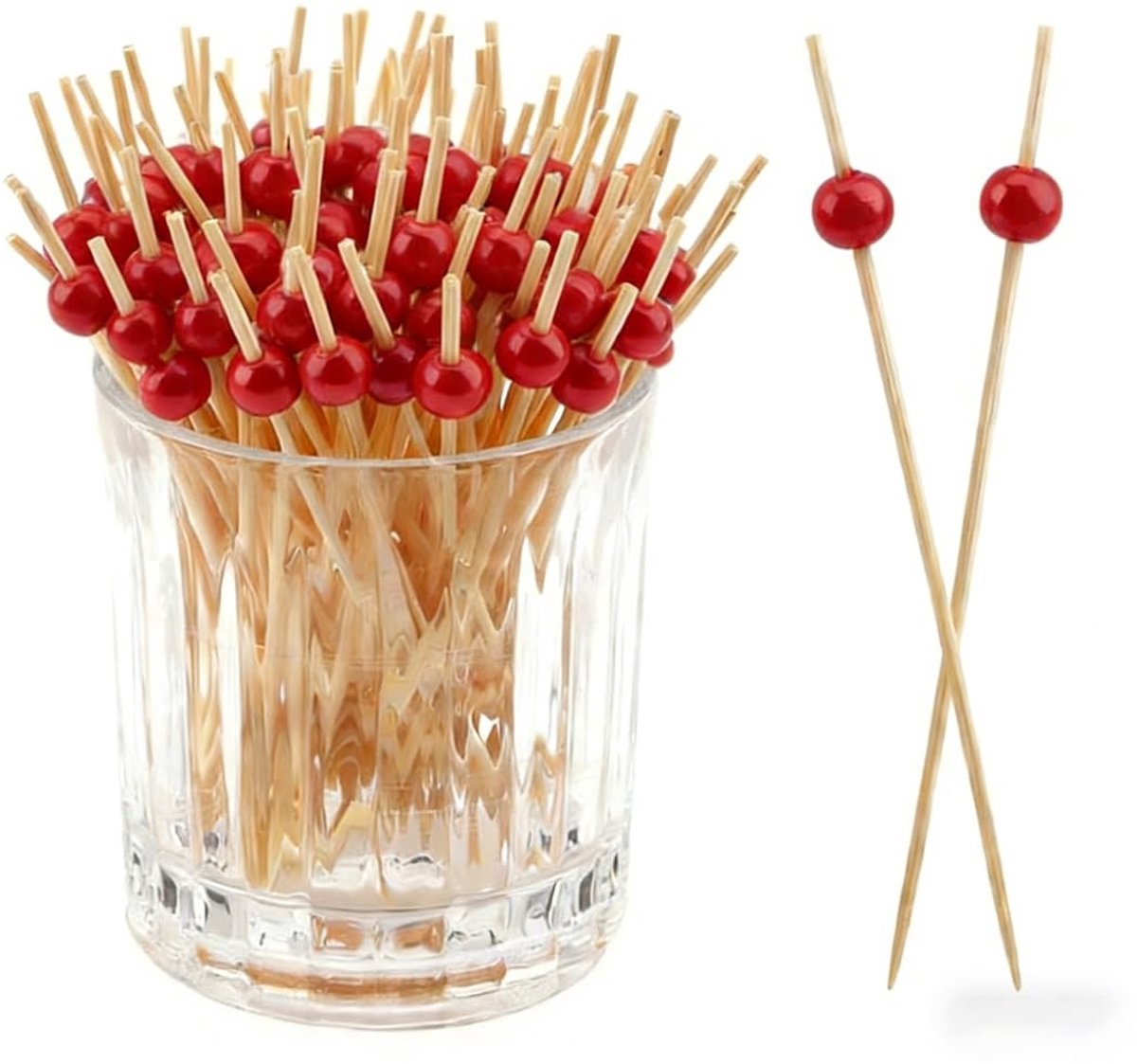 SolidKeus - Set van 100 Houten Cocktailtandenstokers met Rode Kralen