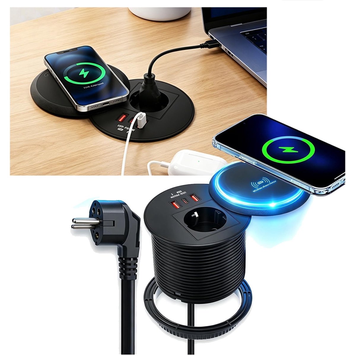 SolidKeus - 3-in-1 Ingebouwde Stopcontact met USB C PD en Draadloos Opladen