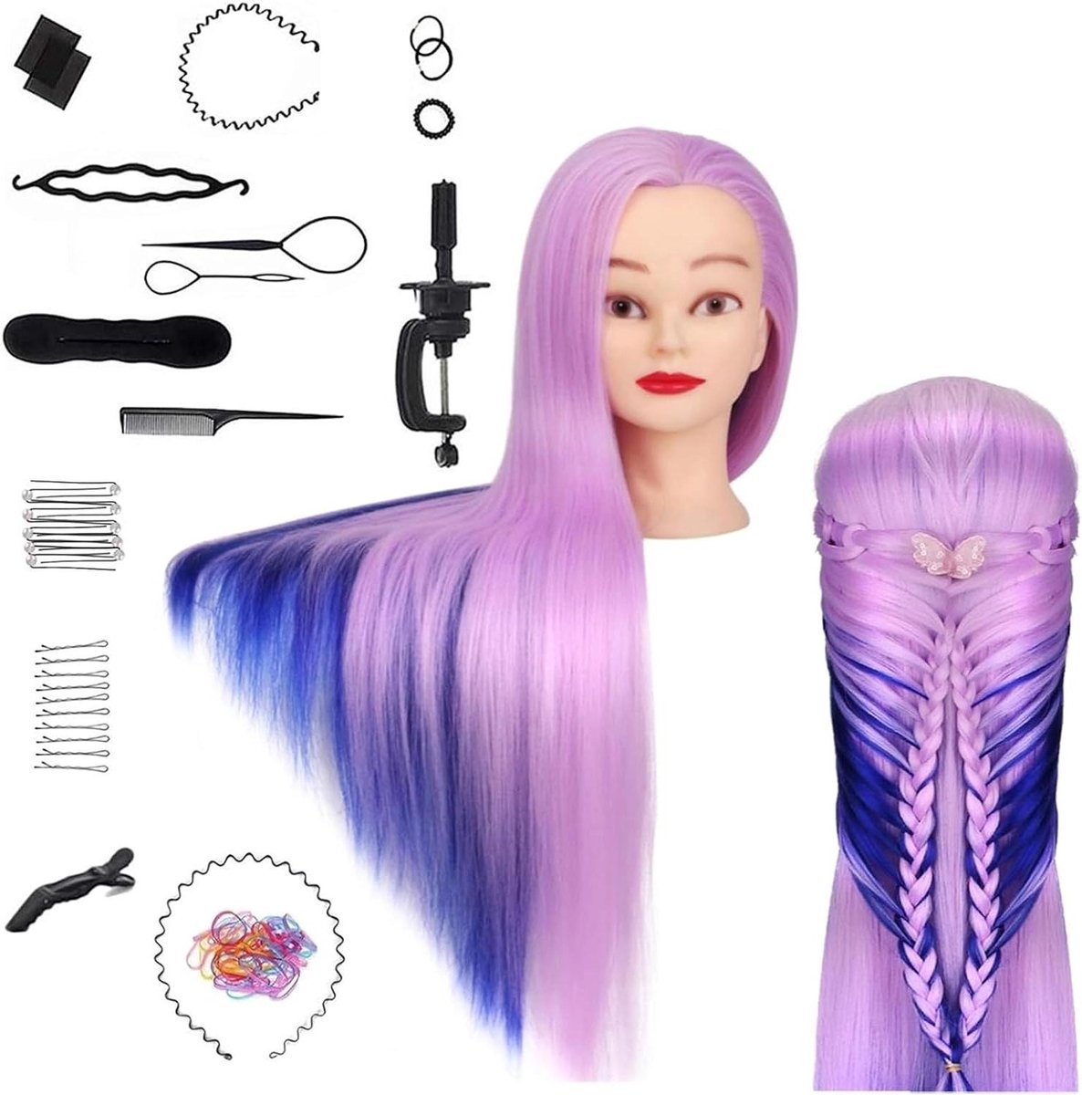 Trainingshoofd Haar - Oefenhoofd Mannequin - Kappers Oefenen - 100% Kunsthaar - 65 cm - Paars Blauw