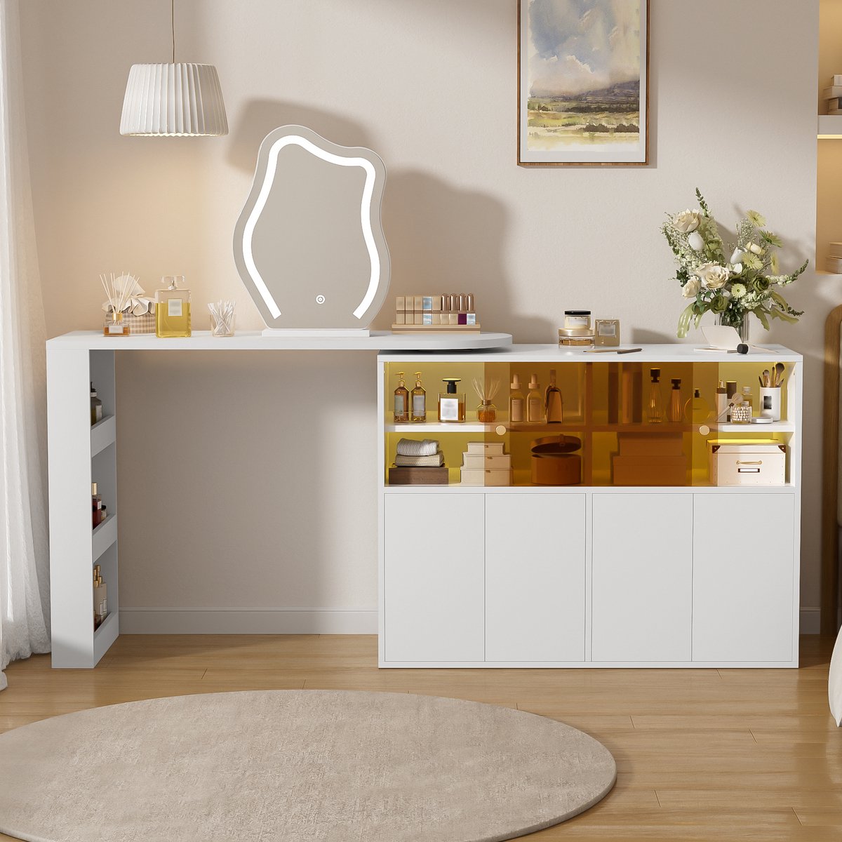 VVBV Kaptafel 117x40x78 cm - Met Spiegel, 360° Draaibaar, Opbergruimte, LED-Verlichting - Wit, Spaanplaat
