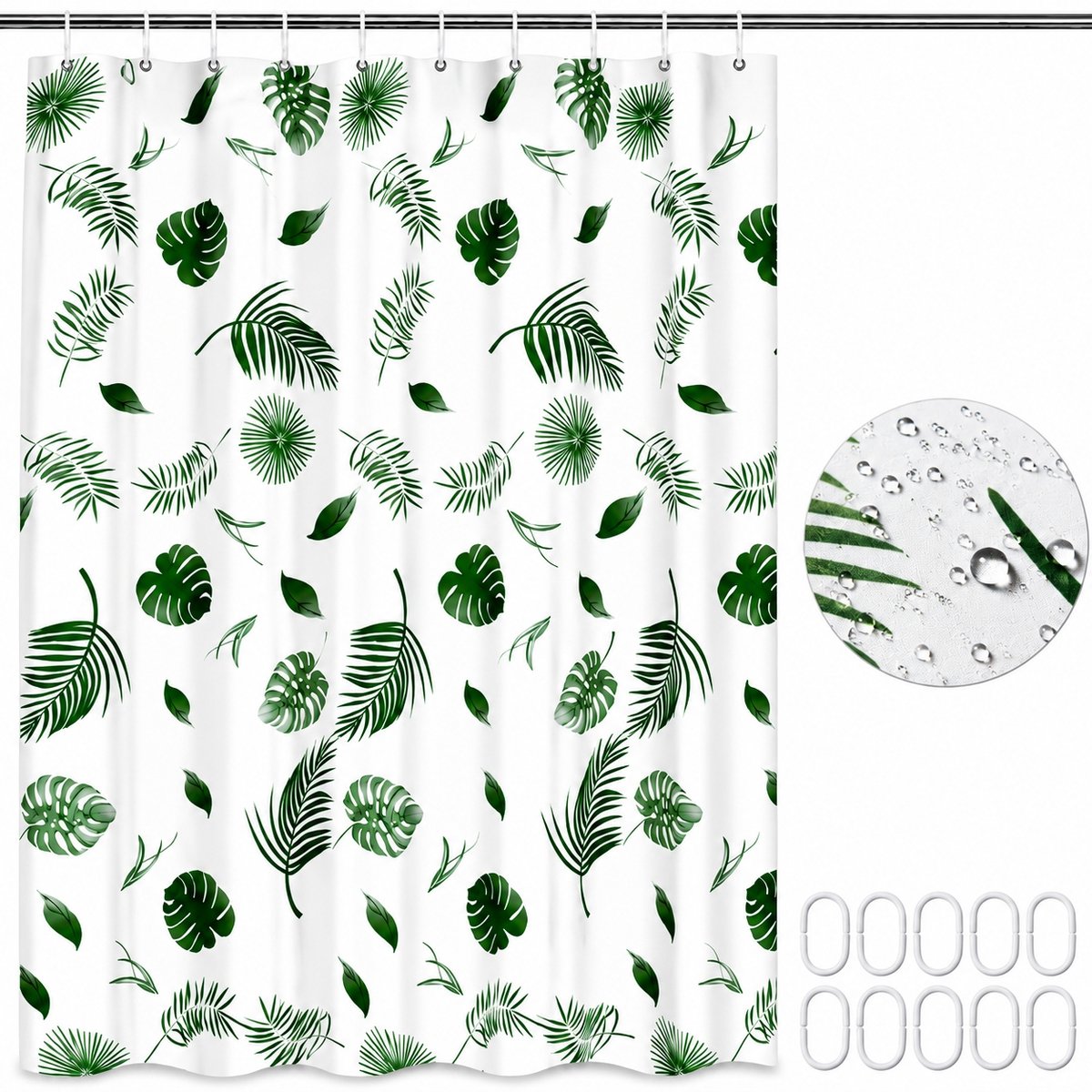 Waterdicht Douchegordijn 180x200cm met 12 Ringogen - Groene Bladeren
