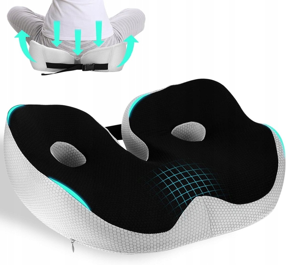 Zitkussen Orthopedisch - Stuitkussen Ergonomisch - Wigkussen met Verstelbaar Band - Traagschuim - Pijnlijke Stuit - 48 cm - Antislip - Voor Thuis Auto en Bureaustoel - Zitcomfort