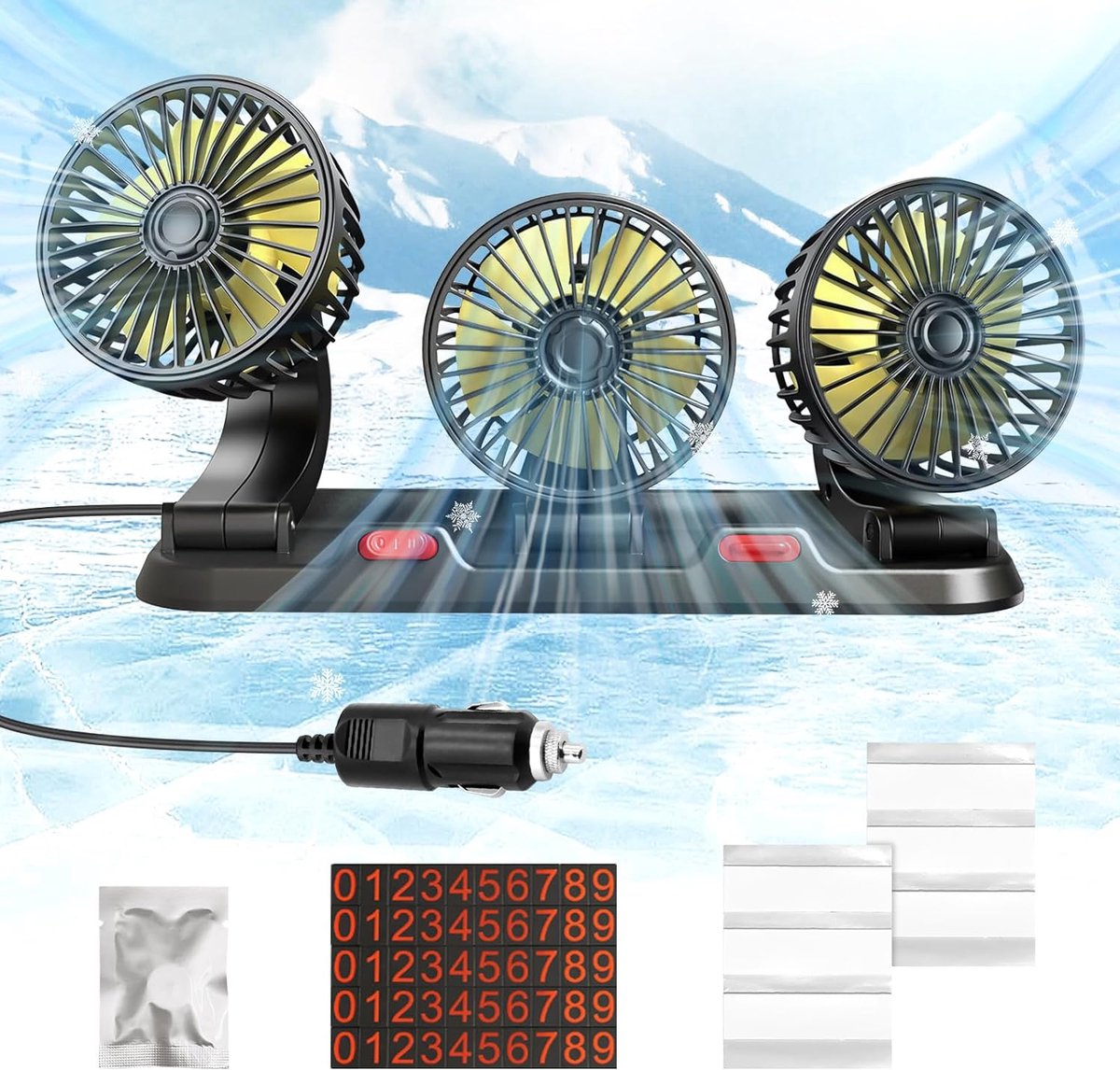Autoventilator met 3 Kop - 12V Auto Ventilator - Borstelloos - 2 Snelheden & 360° Draaibaar - Stil & Duurzaam - Voor Auto, SUV & Camper