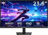 23.8 inch gaming monitor met dynamische achtergrond van vechtende figuren. Indicatoren: 144Hz, IPS, FHD.