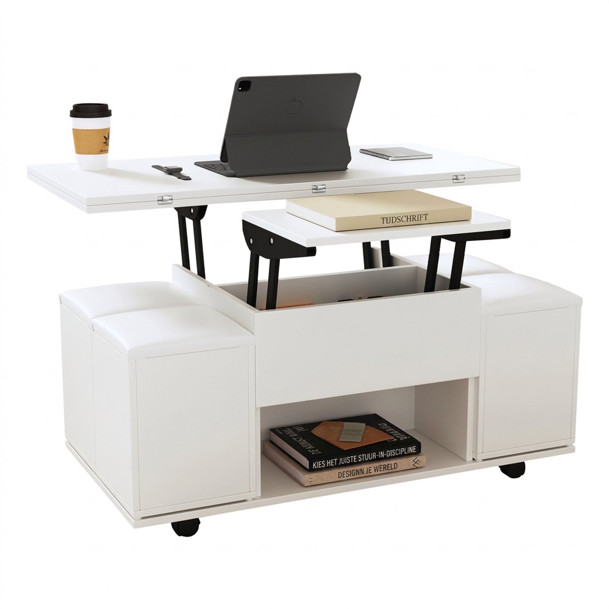 3-in-1 Salontafel - In hoogte verstelbaar met opbergruimte en 4 krukjes - Wit-100 x 50 cm