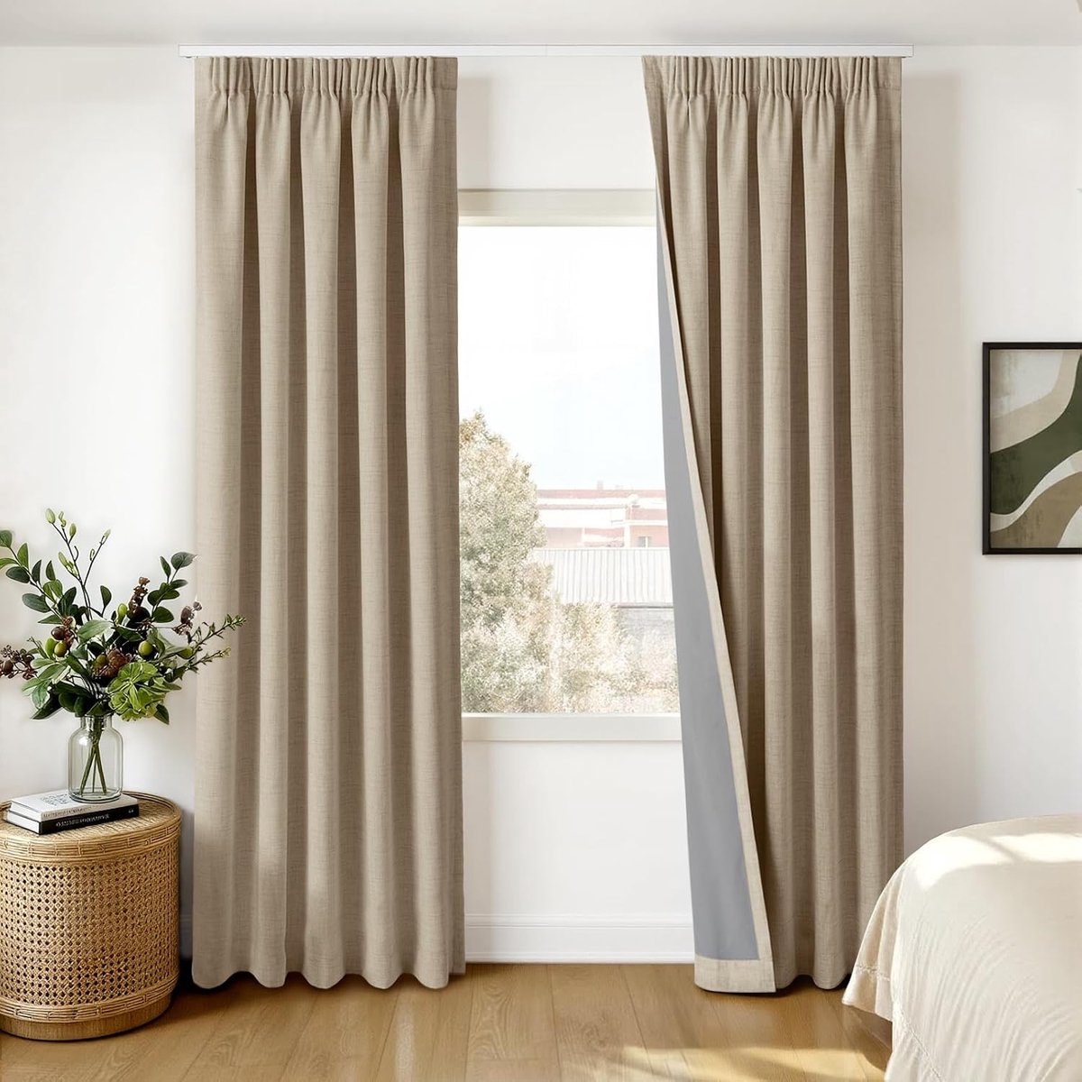 100% Verduisterende Gordijnen 2 Stuks - Linnenlook Gordijnen met Plooiband Thermisch Gordijn Koudewerende Ondoorzichtige Gordijnen - voor Woonkamer Slaapkamer - 140 x 160 cm - Taupe