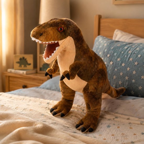 Bruine pluche T-rex dinosaurus met open bek, rode ogen en donkere spikkels, staand op een bed.