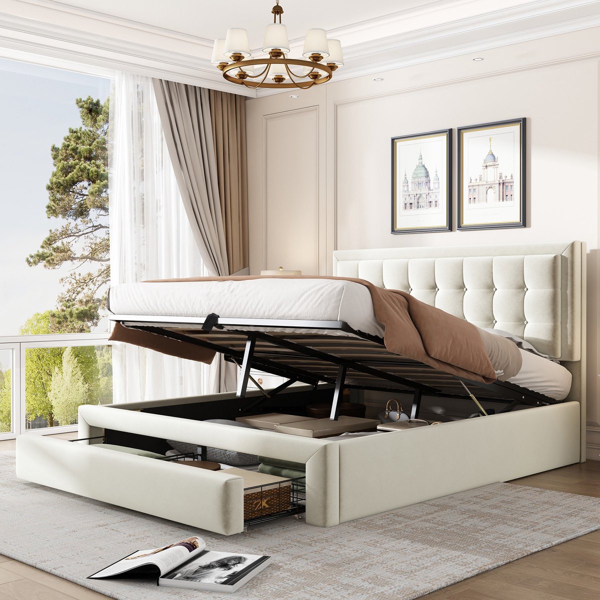 Gestoffeerd bedframe - voor matras 140 x 200 cm - beige - met opbergruimte en lattenbodem - matras niet inbegrepen - voor de slaapkamer