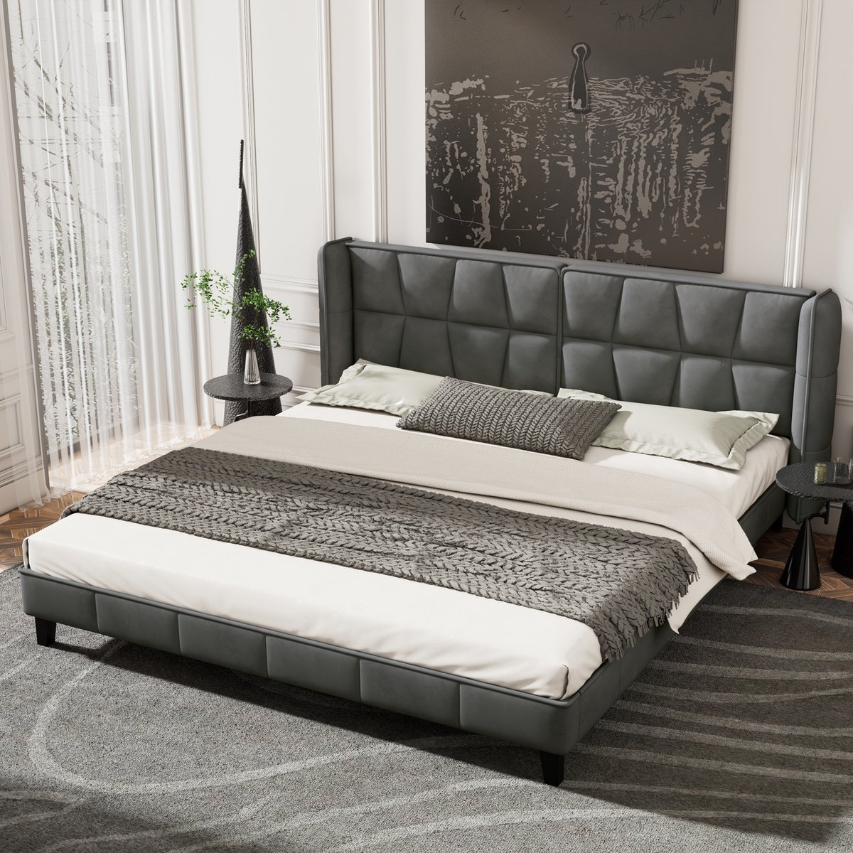 Gestoffeerd bedframe - voor matras 180 x 200 cm - grijs - met lattenbodem - maximaal belastbaar 300 kg - matras niet inbegrepen - voor de slaapkamer