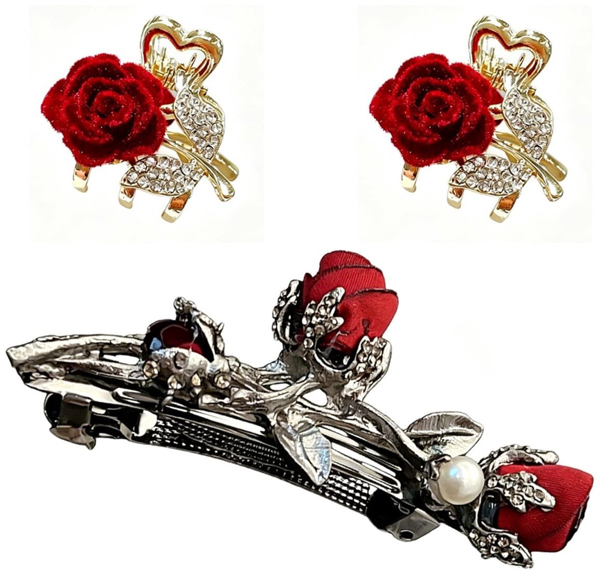 SolidKeus - Set van 3 Vintage Kristallen Roos Haarclips voor Vrouwen