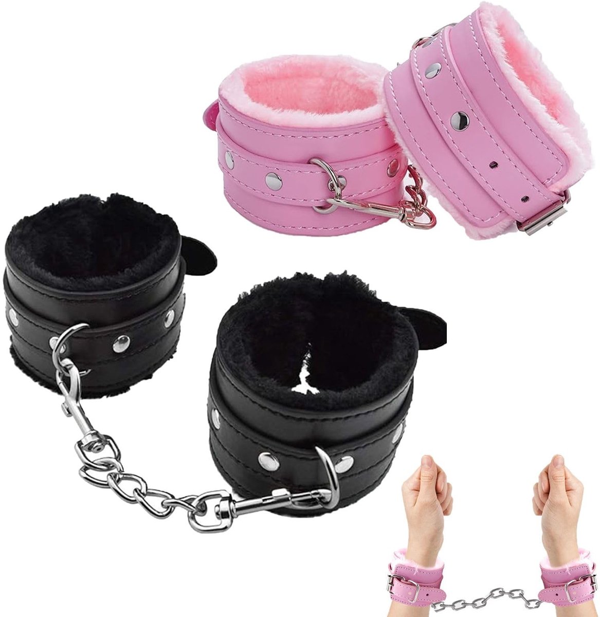 SolidKeus - Set van 2 Paar Roze en Zwarte Handboeien voor Cosplay